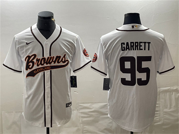 Men's Cleveland Browns #95 Myles Garrett White With Patch Cool Base Stitched Baseball Jersey